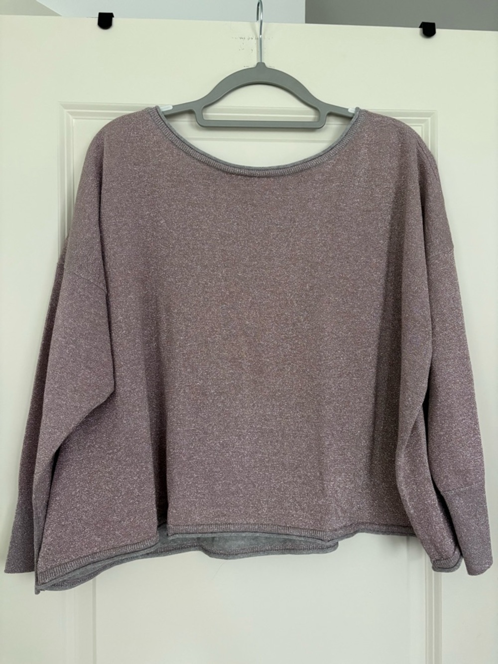 Victoria's Secret Shimmery Dusty Mauve boxy Long Sleeve Pullover w V neck back.